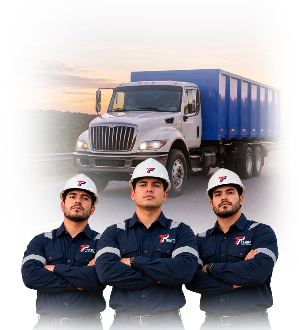 Equipo de TractoPartes MX frente a un camión de carga azul